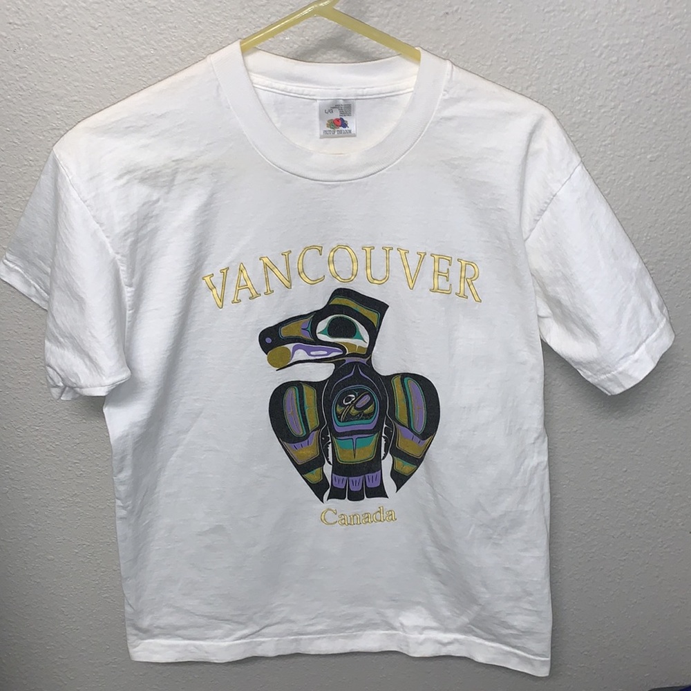 Vintage Vancouver Canada white cotton graphic T-shirt L Totum pole Indian bird - Picture 15 of 15